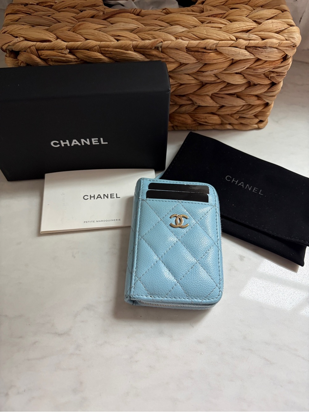 CHANEL Light Blue Quilted Leather Card Holder with Silver CC